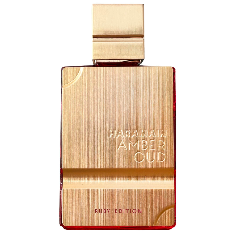 Al Haramain Amber Oud Ruby Edition packaging on display signals premium unisex scent.