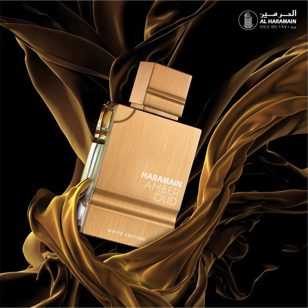 Al Haramain Amber Oud White Edition bottle side, sleek and versatile design.