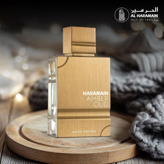 Al Haramain Amber Oud White Edition box, elegant packaging for gifting.