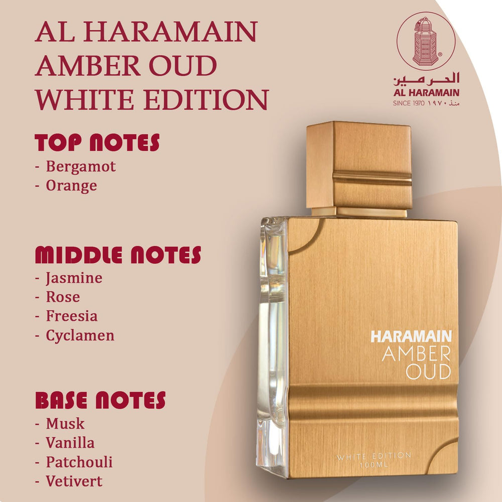 Al Haramain Amber Oud White Edition outer packaging, travel-ready presentation.