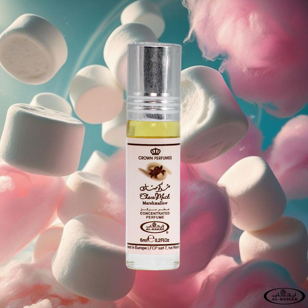 Al-Rehab Choco Musk Marshmallow bottle close-up, ideal for cozy evenings and playful notes.