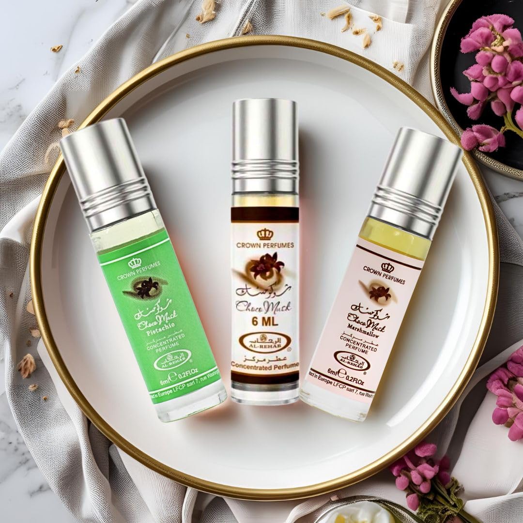 Al-Rehab Choco Musk trio packaging, showcasing the set's gourmand options.