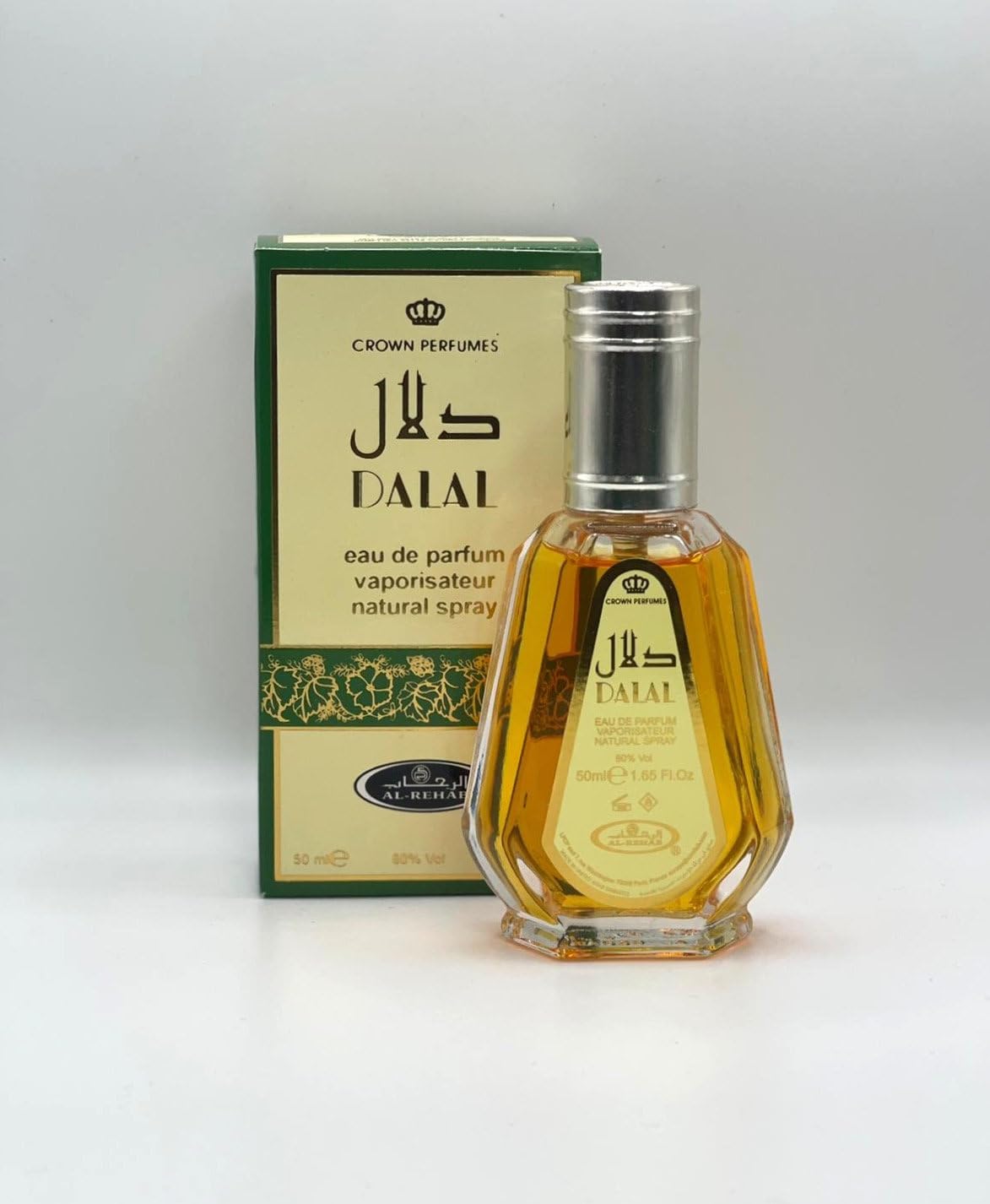 Al-Rehab Dalal fragrance notes on the bottle, highlighting vanilla and caramel warmth.