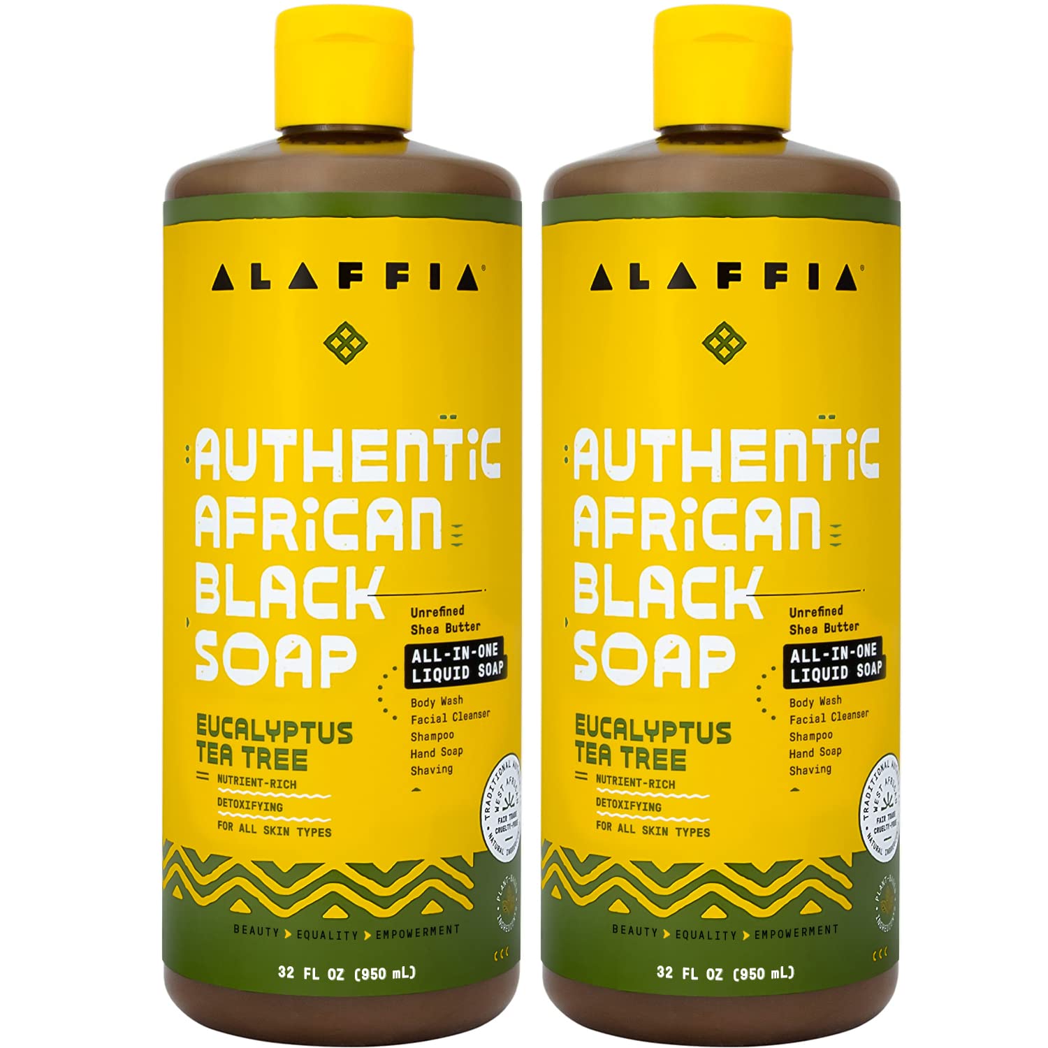 Alaffia African Black Soap bottle showing versatile cleansing for face, body, and hair.