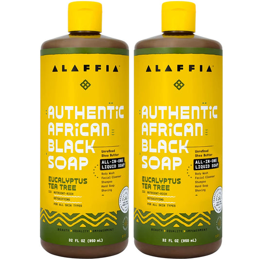 Alaffia African Black Soap bottle showing versatile cleansing for face, body, and hair.