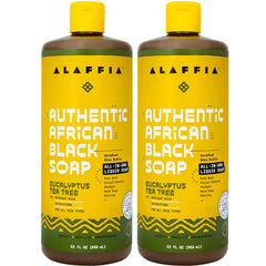 Alaffia African Black Soap bottle showing versatile cleansing for face, body, and hair.