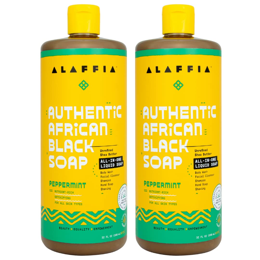 Alaffia African Black Soap Peppermint 32oz bottle for refreshing facial cleansing.