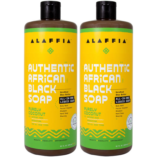 Alaffia Authentic African Black Soap coconut bottle pour for gentle daily cleanse