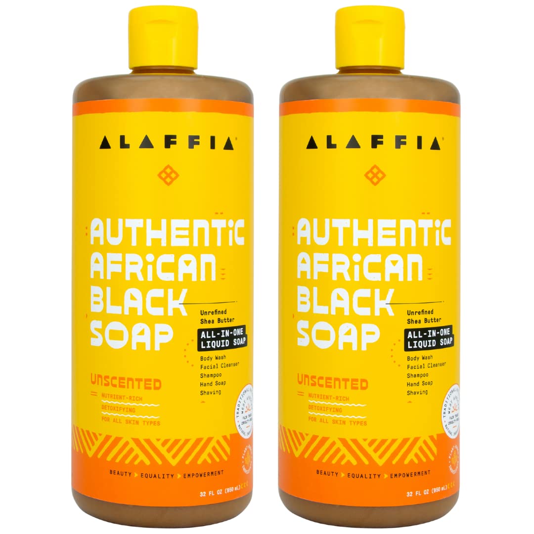 Alaffia authentic African Black Soap unscented 2-pack bottle for all-in-one cleansing.