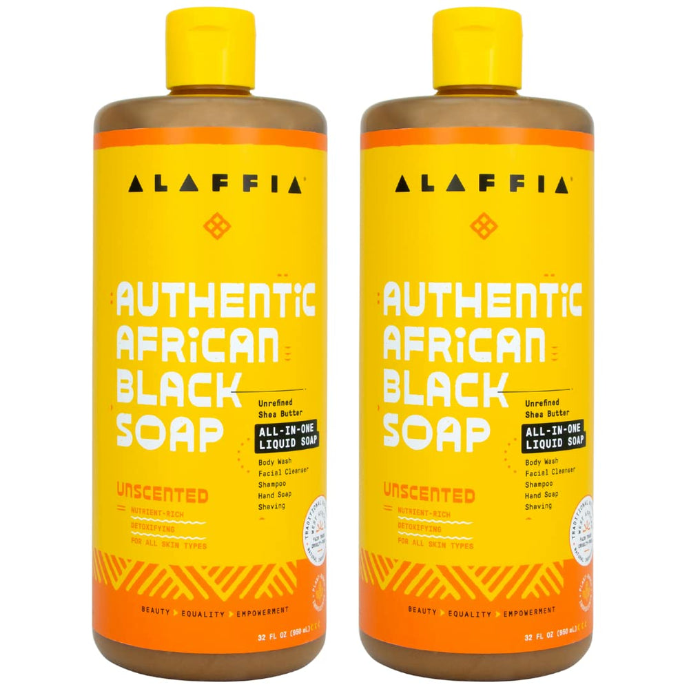 Alaffia authentic African Black Soap unscented 2-pack bottle for all-in-one cleansing.