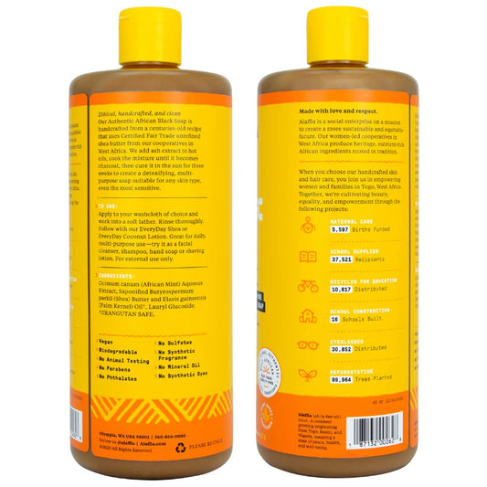 Pouring Alaffia African Black Soap demonstrates smooth liquid for face and body.