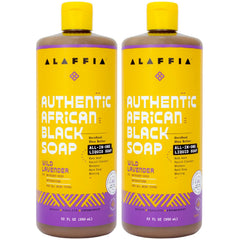 Alaffia Authentic African Black Soap Wild Lavender bottle promotes gentle cleansing for face and body.