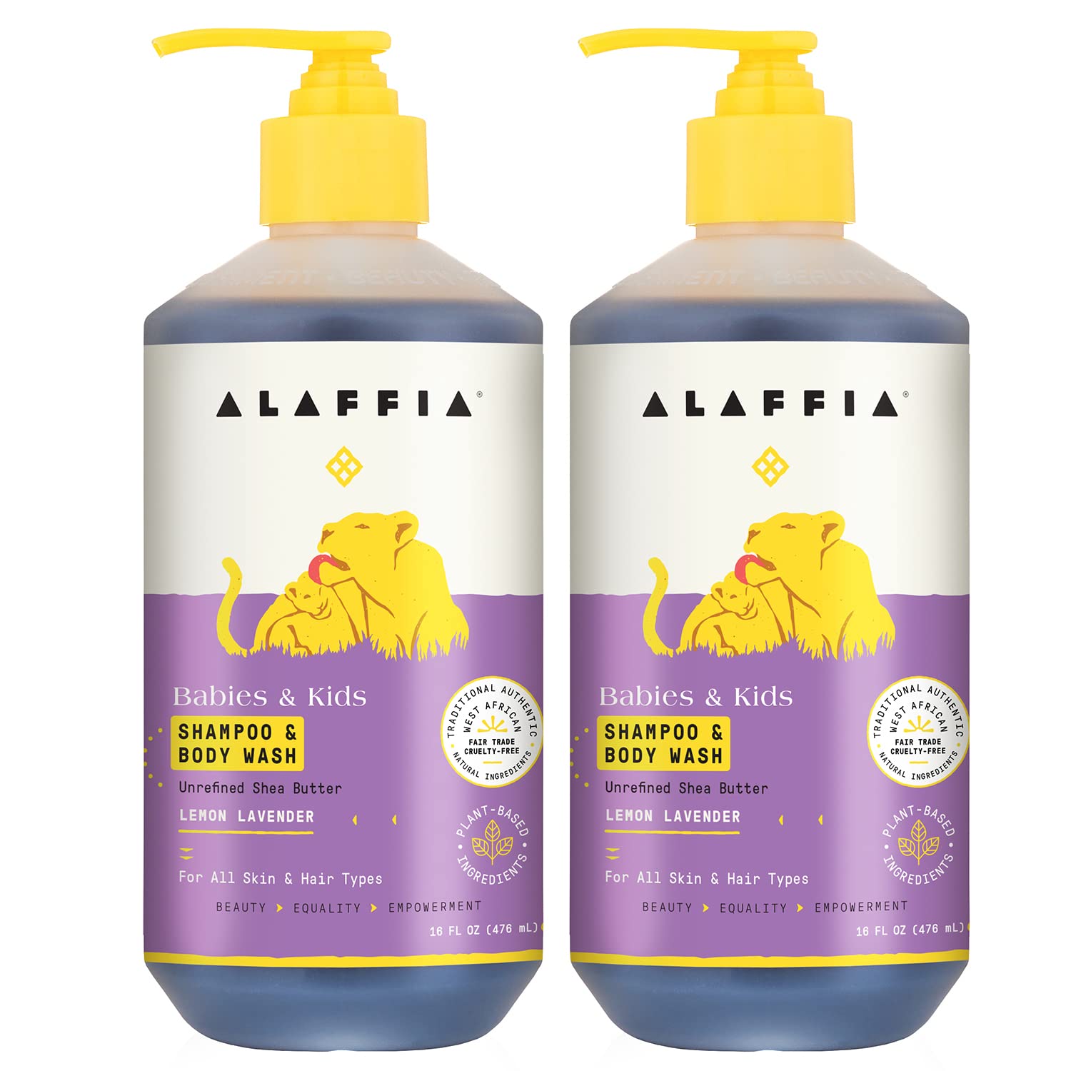 Alaffia Babies and Kids 2-pack shampoo bottle with lemon lavender scent for soft hair and skin.