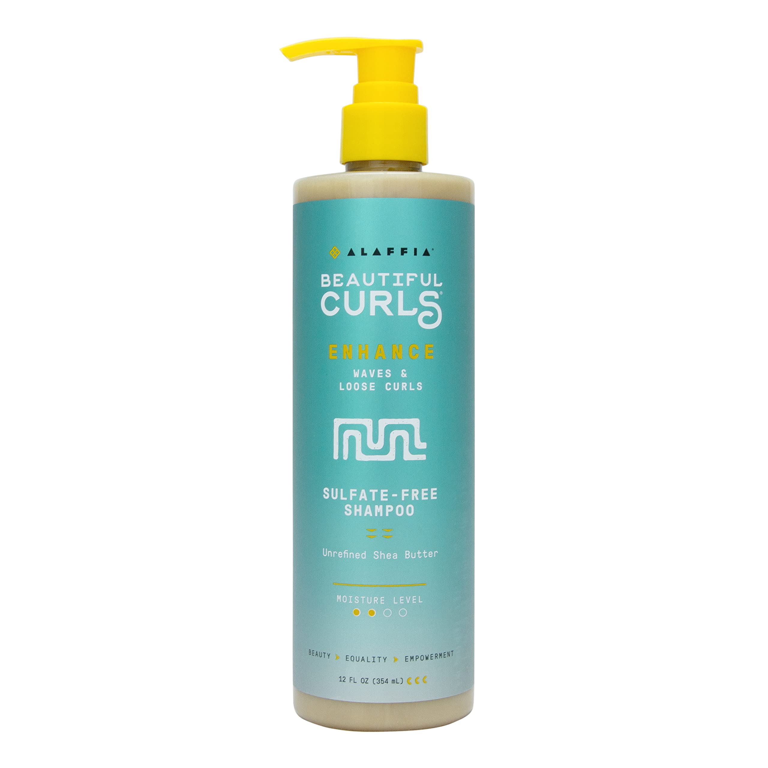 Alaffia Beautiful Curls shampoo bottle front view for gentle cleansing with a sulfate-free formula.
