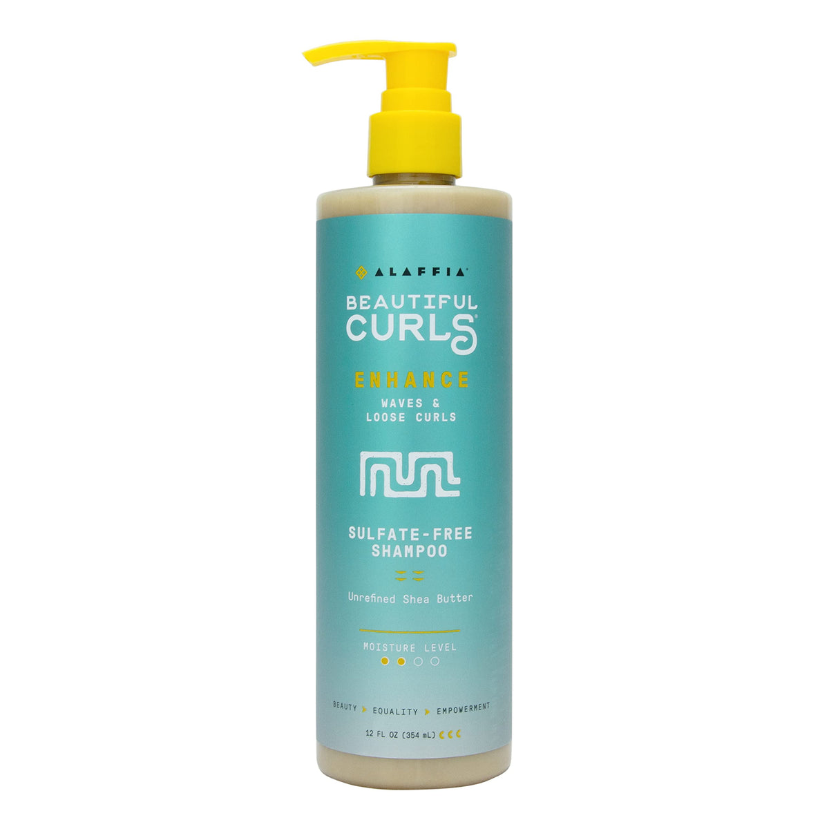 Alaffia Beautiful Curls shampoo bottle front view for gentle cleansing with a sulfate-free formula.