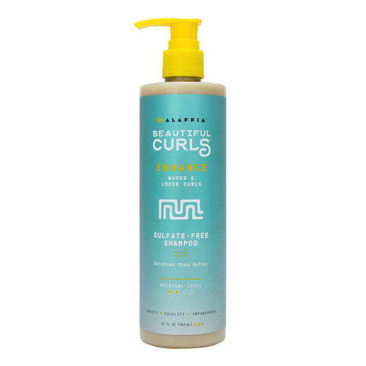 Alaffia Beautiful Curls shampoo bottle front view for gentle cleansing with a sulfate-free formula.