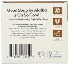 Label close-up highlighting ingredients and eco-friendly packaging for Alaffia Coconut Good Soap.