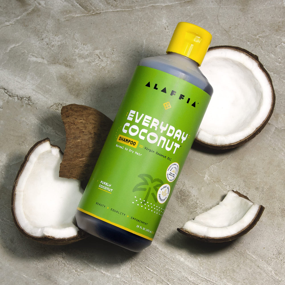 Alaffia Everyday Coconut Shampoo with coconut water nourishes hair.