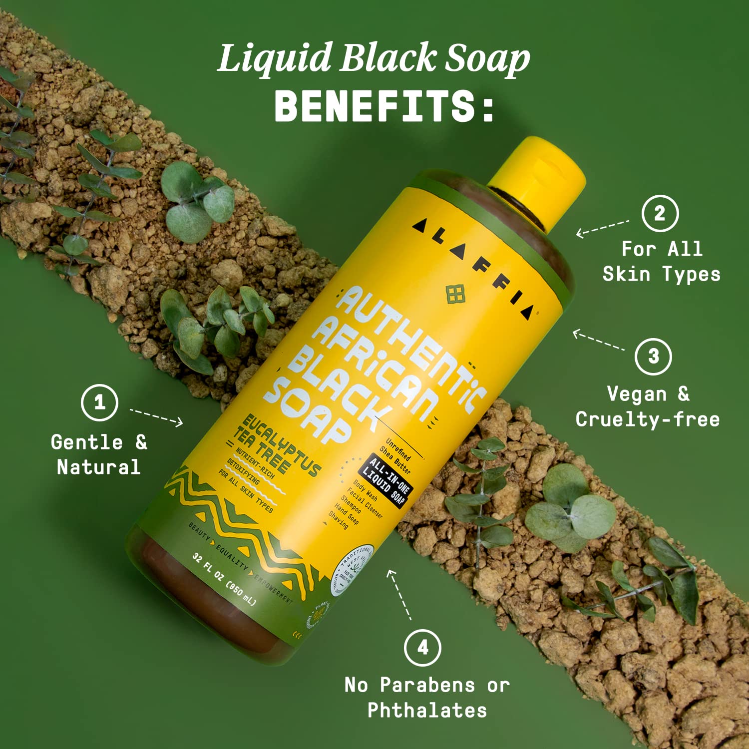 Alaffia eco-packaging symbol signals cruelty-free ethics and sustainable sourcing.