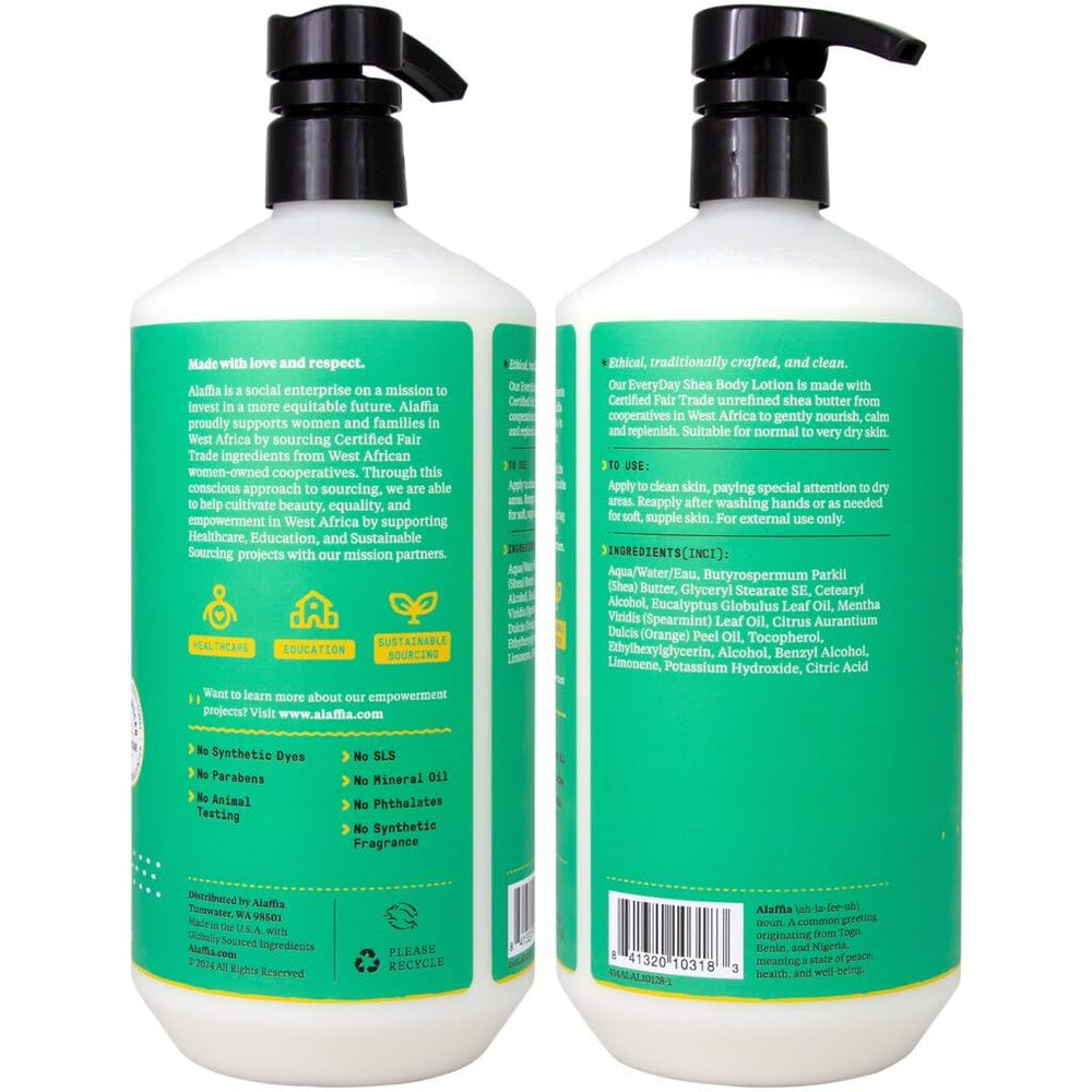 Alaffia Everyday Shea Eucalyptus Mint Lotion swatch on skin for soothing, long-lasting hydration.