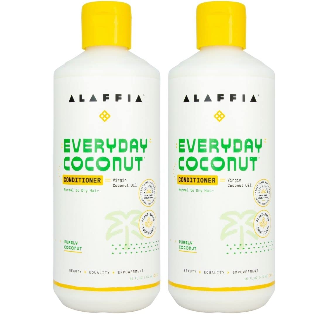 Alaffia Everyday Coconut Conditioner bottle close-up showing coconut oil nourishment for hair