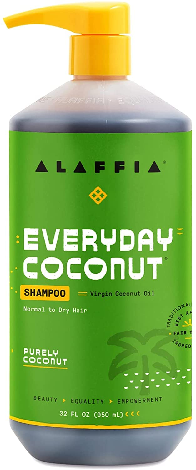 Alaffia Everyday Coconut Shampoo bathroom-use shot suggests daily hair care routine.