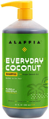 Alaffia Everyday Coconut Shampoo bathroom-use shot suggests daily hair care routine.