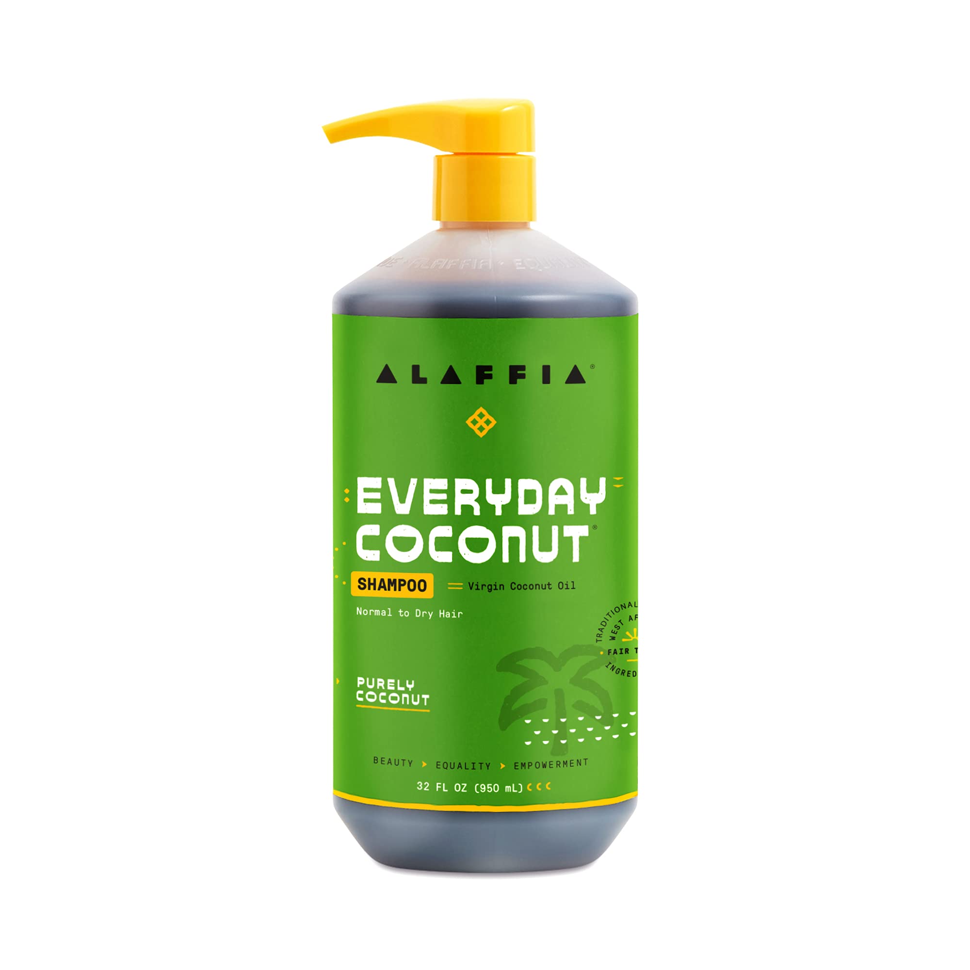 Alaffia EveryDay Coconut Shampoo bottle pour highlights gentle cleansing and hydration.