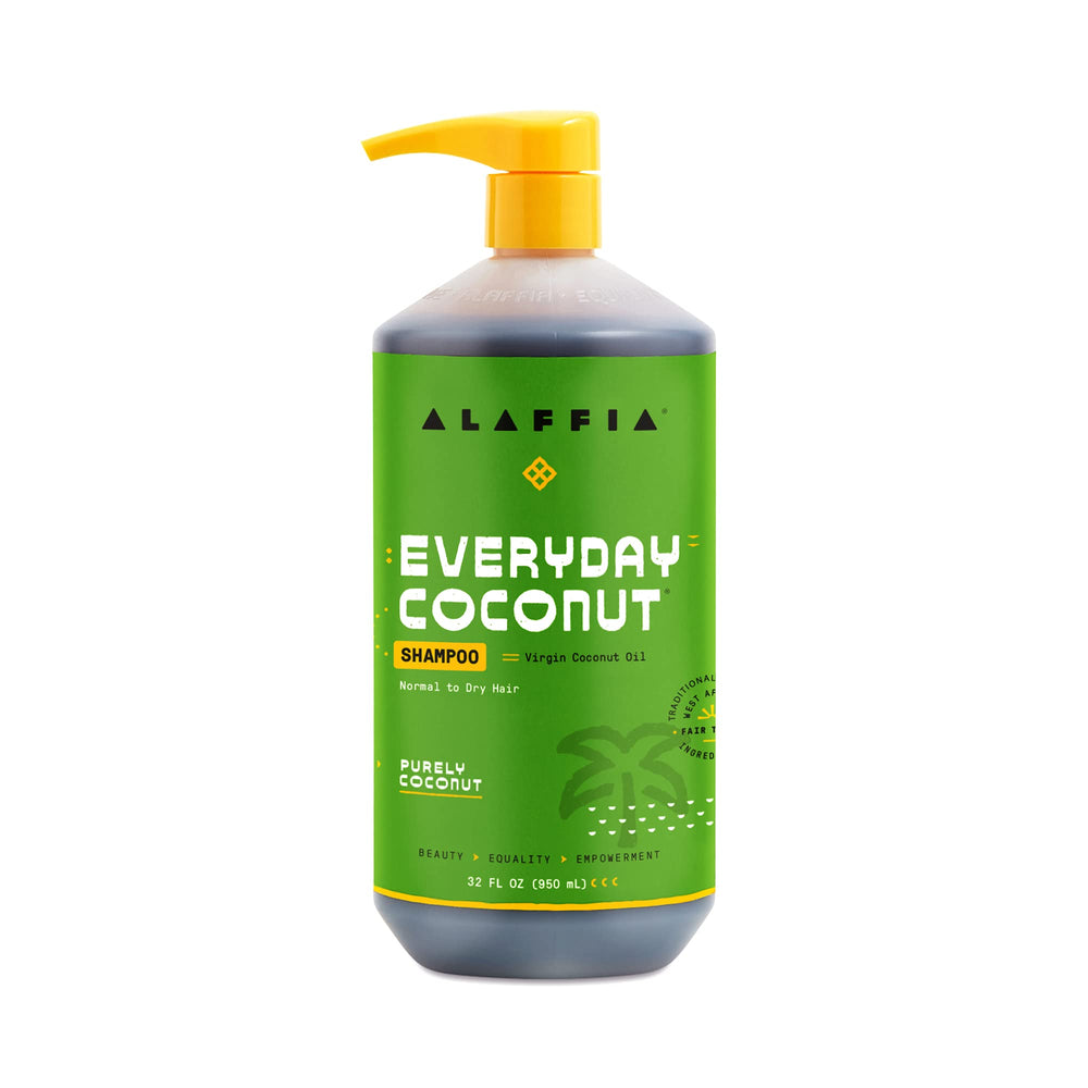 Alaffia EveryDay Coconut Shampoo bottle pour highlights gentle cleansing and hydration.