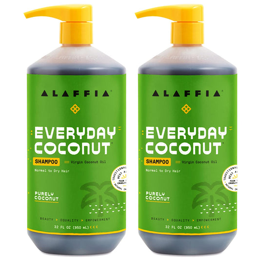Alaffia EveryDay Coconut Shampoo bottle showing a hydrating formula for dry hair