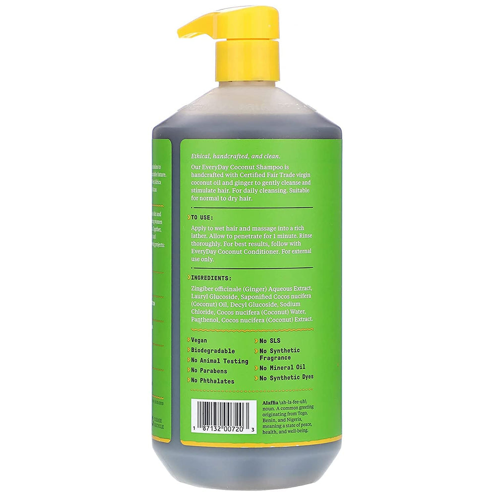 Alaffia EveryDay Coconut Shampoo label display shows fair-trade coconut oil origin.