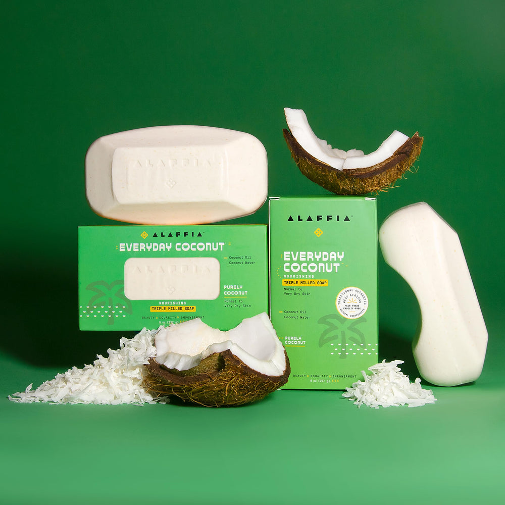 Alaffia EveryDay Coconut Soap Bar features biodegradable formula for gentle cleansing.
