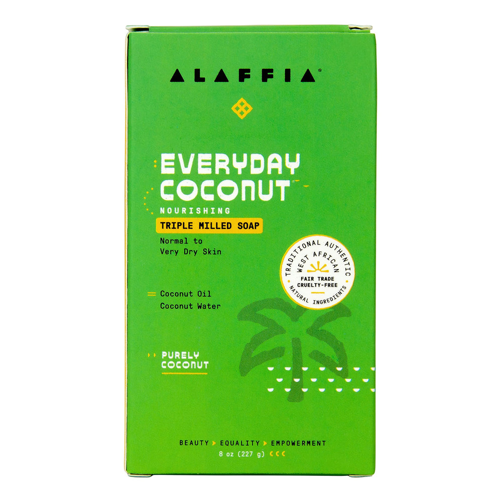 Alaffia EveryDay Coconut Soap Bar with shea butter delivers soft, refreshed skin after washing.