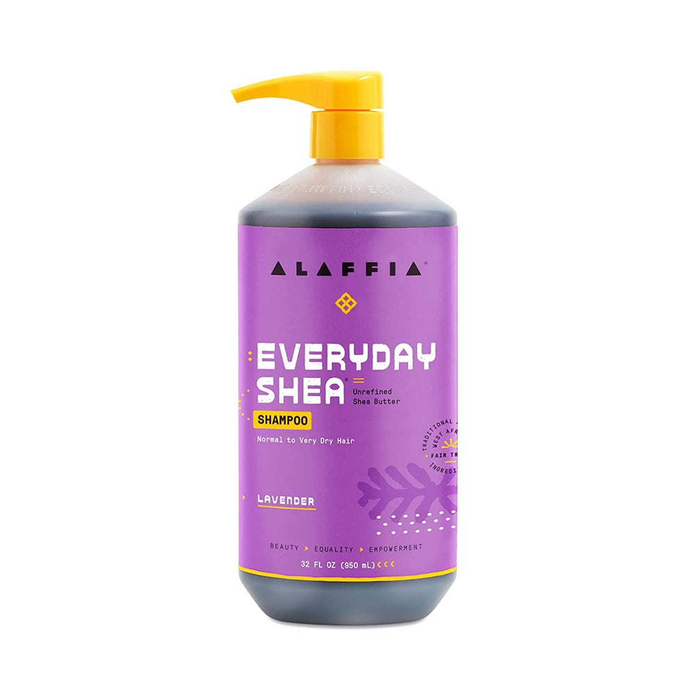Alaffia Everyday Shampoo on a bathroom shelf suggests daily routine use.