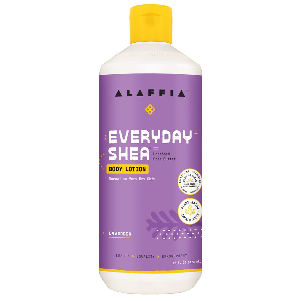 Alaffia EveryDay Shea Body Lotion bottle for calming, fair-trade dryness relief.