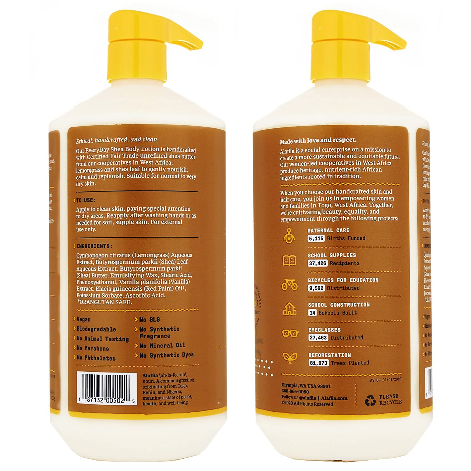 Alaffia EveryDay Shea Body Lotion Vanilla label highlights fair trade ingredients.