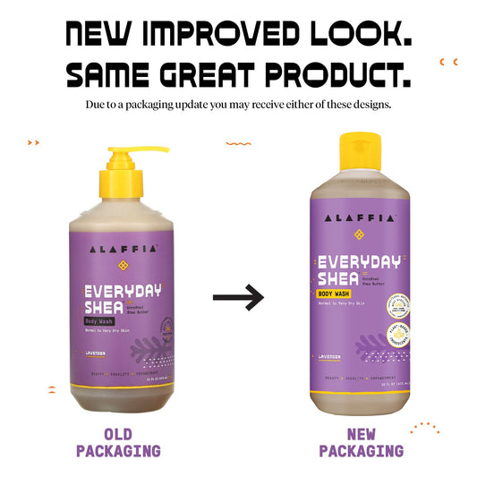 Alaffia Everyday Shea Body Wash bottle with lavender scent for a relaxing shower experience.