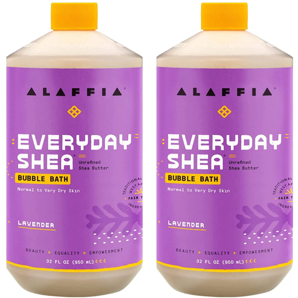 Alaffia Everyday Shea Bubble Bath bottle being poured for a soothing soak.