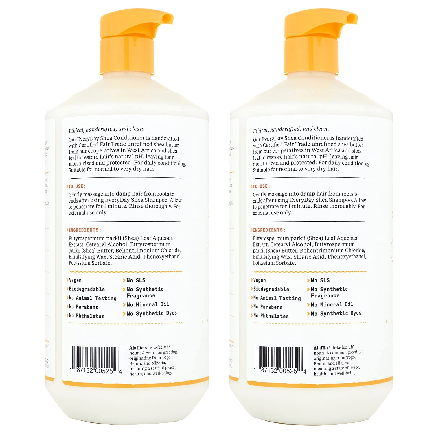 Alaffia EveryDay Shea Conditioner label closeup highlighting fair-trade ingredients.