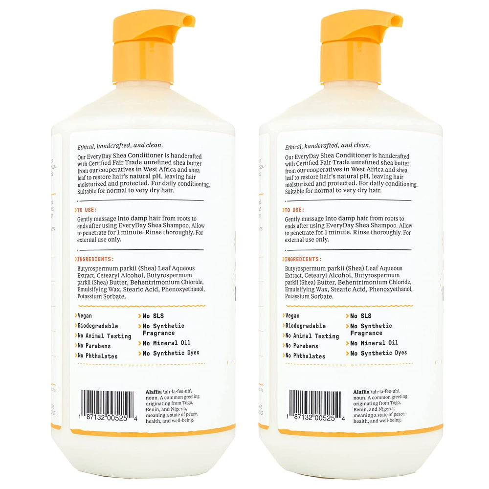 Alaffia EveryDay Shea Conditioner label closeup highlighting fair-trade ingredients.