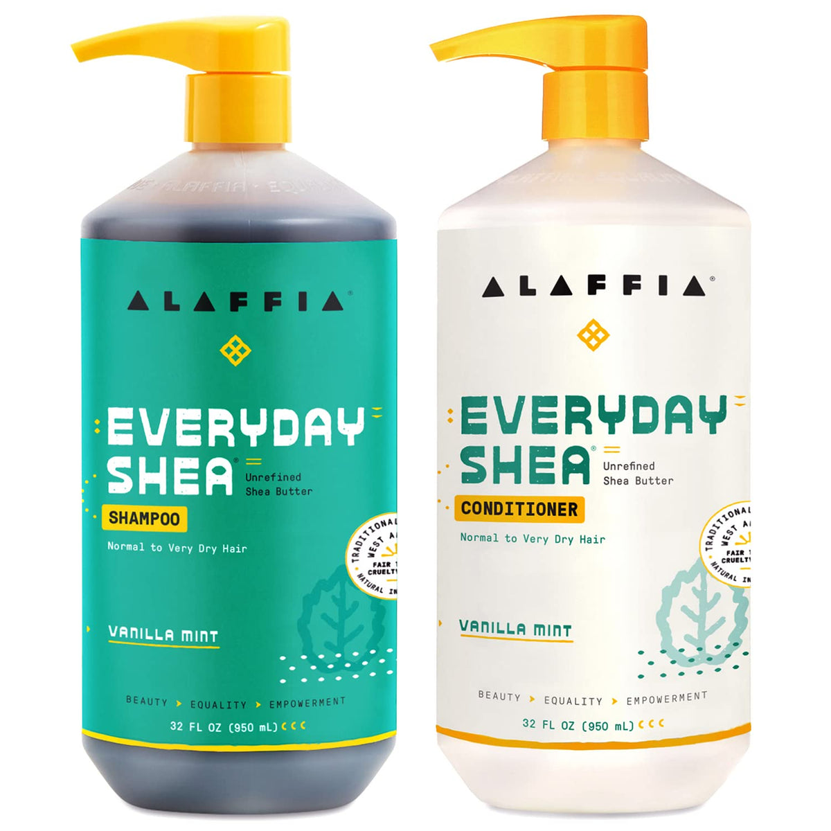Alaffia Everyday Shea Shampoo bottle pour showing gentle cleansing for dry hair.