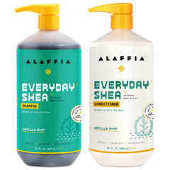 Alaffia Everyday Shea Shampoo bottle pour showing gentle cleansing for dry hair.