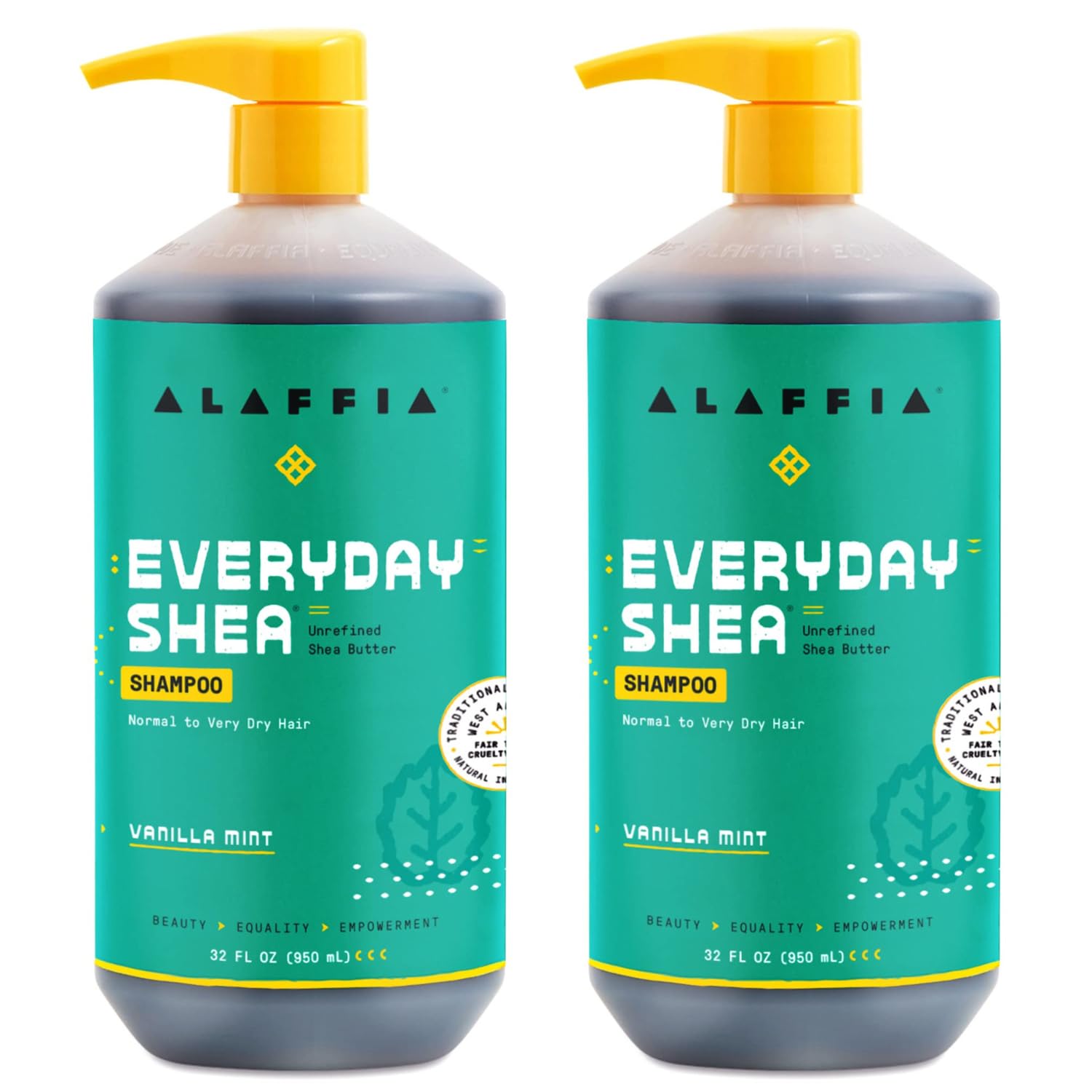 Alaffia EveryDay Shea Shampoo Vanilla Mint bottle for gentle daily cleansing with natural moisture retention.