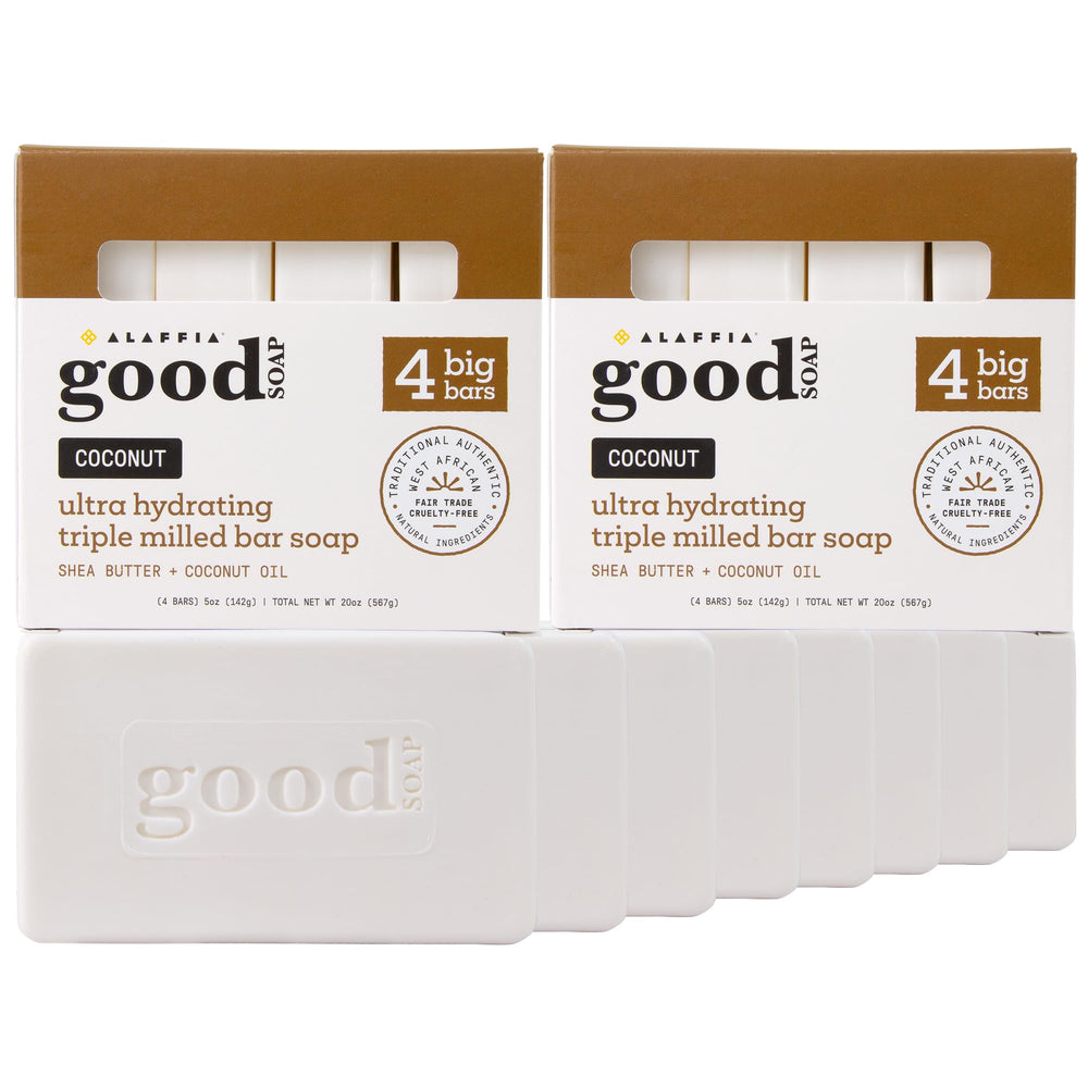 ALAFFIA Good Soap Coconut bar close-up showing creamy lather for daily cleansing.