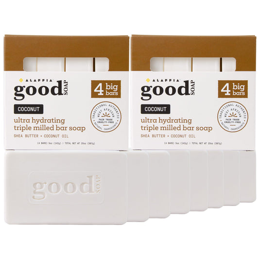 ALAFFIA Good Soap Coconut bar close-up showing creamy lather for daily cleansing.