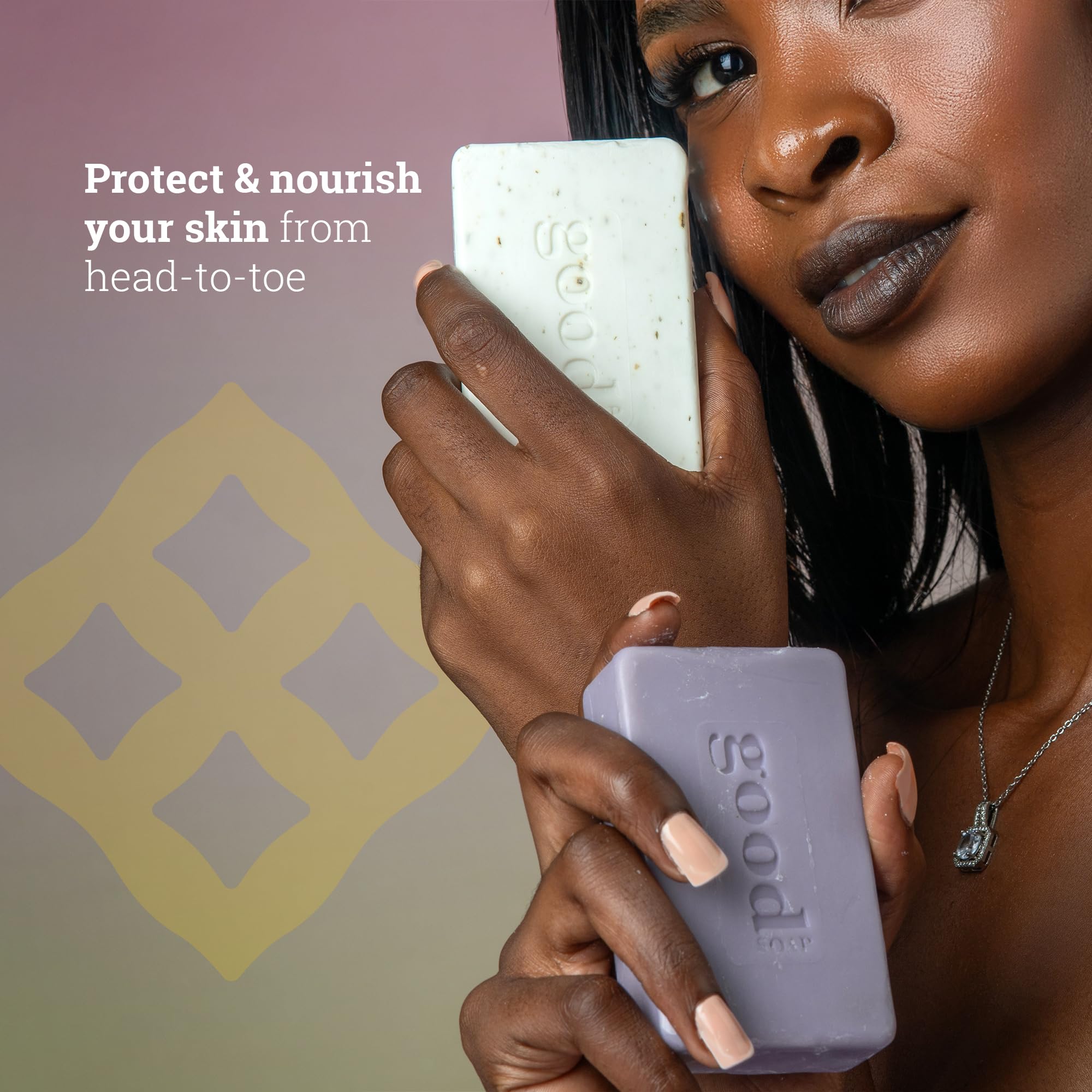 Alaffia Good Soap Coconut pack lifestyle image in a clean bathroom scene.