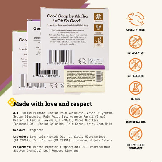 Alaffia Good Soap Peppermint bars offering refreshing scent and effective hand washing.