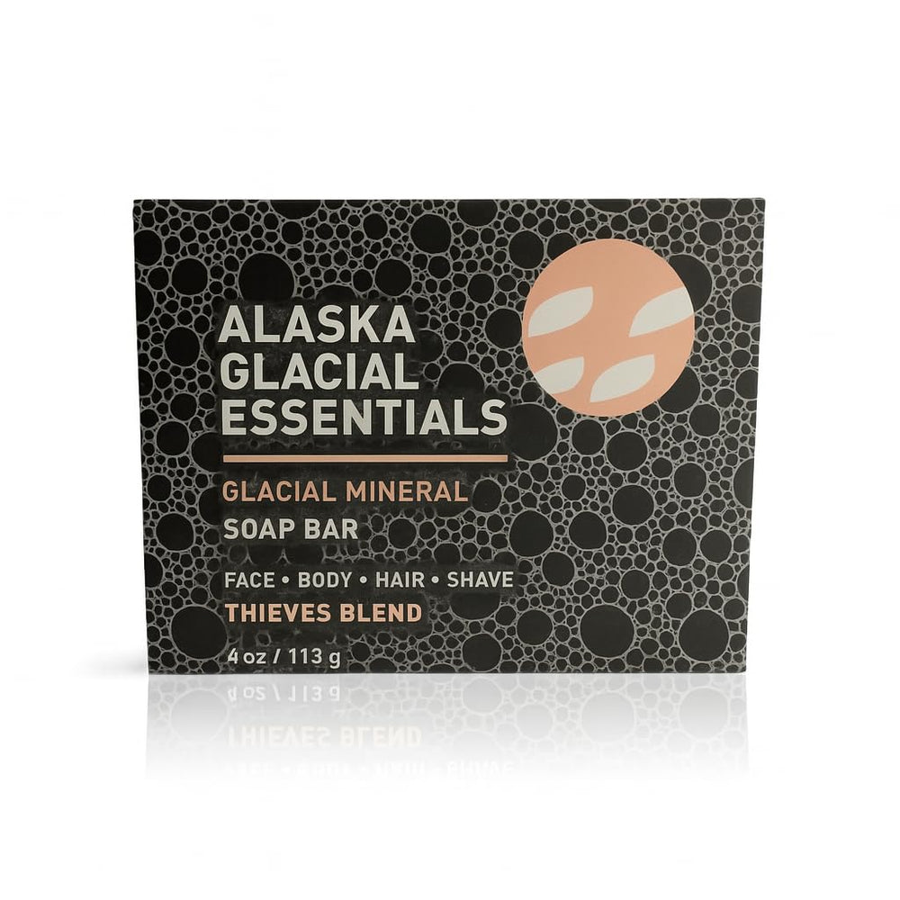 Alaska Glacial Essentials packaging image shows a 4-in-1 bar for face, body, hair, and shave