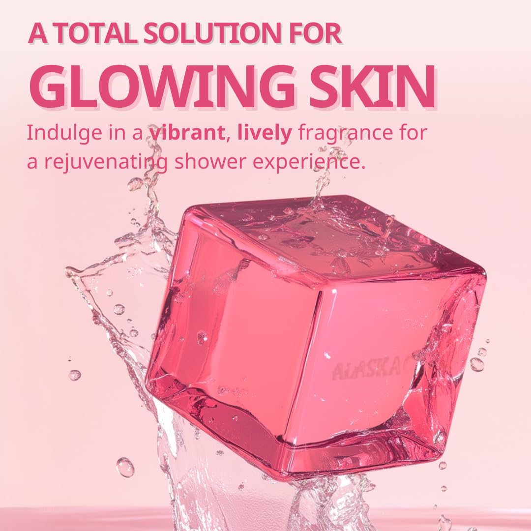 Alaskacube Rose Glow shower bar in use, creating creamy lather and gentle exfoliation.