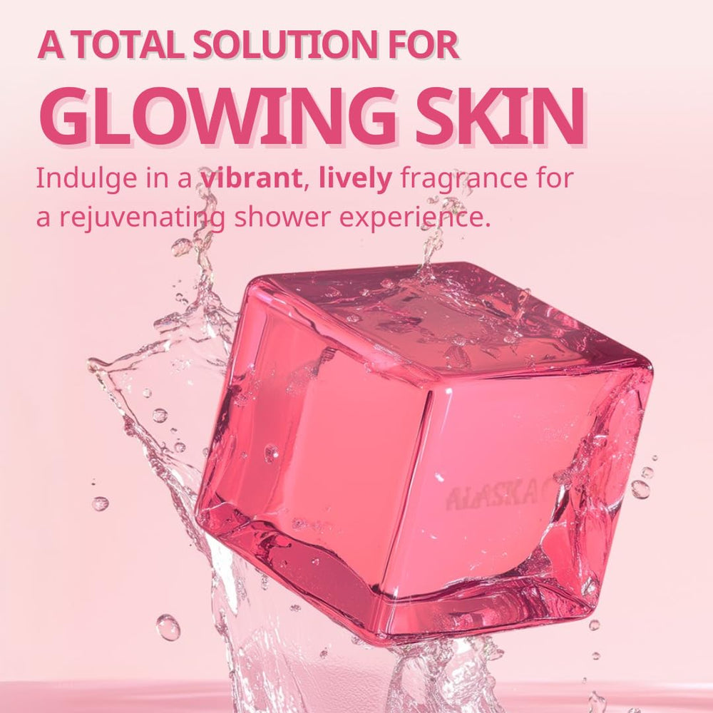 Alaskacube Rose Glow shower bar in use, creating creamy lather and gentle exfoliation.